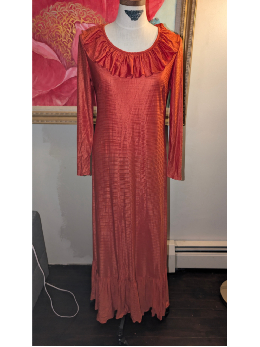 Vintage 70s orange Maxi dress Dress, Orange, Ruffled Neckline, Long Sleeve